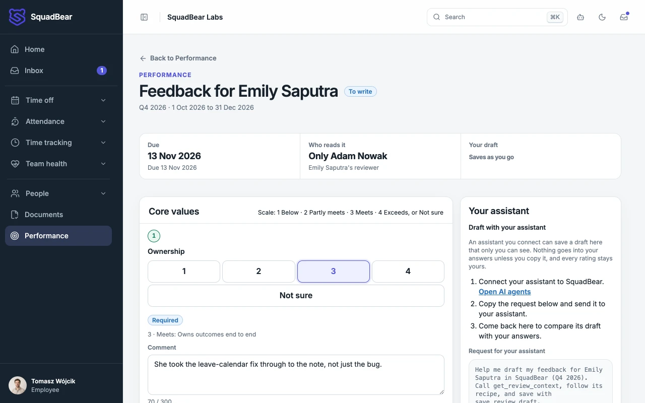 Tomasz Wójcik writing feedback for Emily Saputra. Ownership is marked Meets, and only her reviewer, Adam Nowak, can read it.