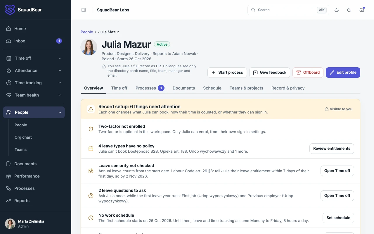 Julia Mazur’s profile at Linden Works, product designer in Delivery, joined 5 October 2026, with leave balances and employment details