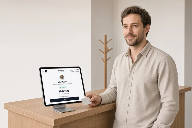 A colleague arriving at work beside a reception tablet