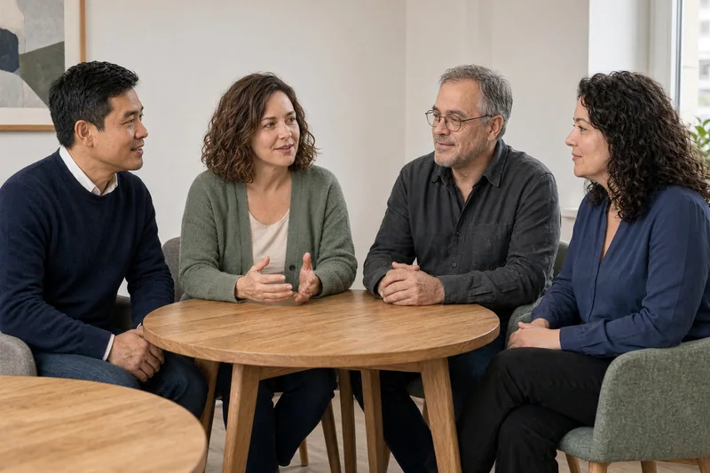 Four colleagues listening to one another around a meeting table