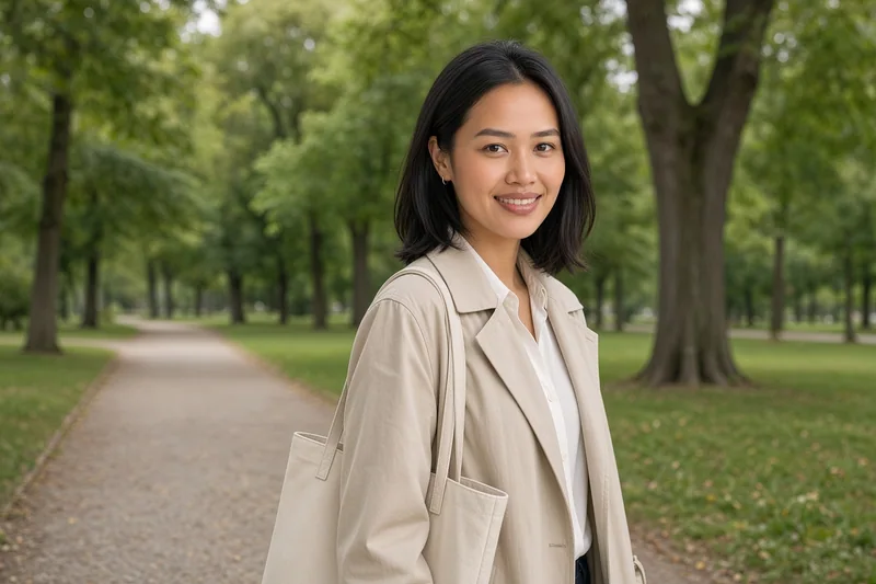 A woman with a canvas tote bag on a leafy park path