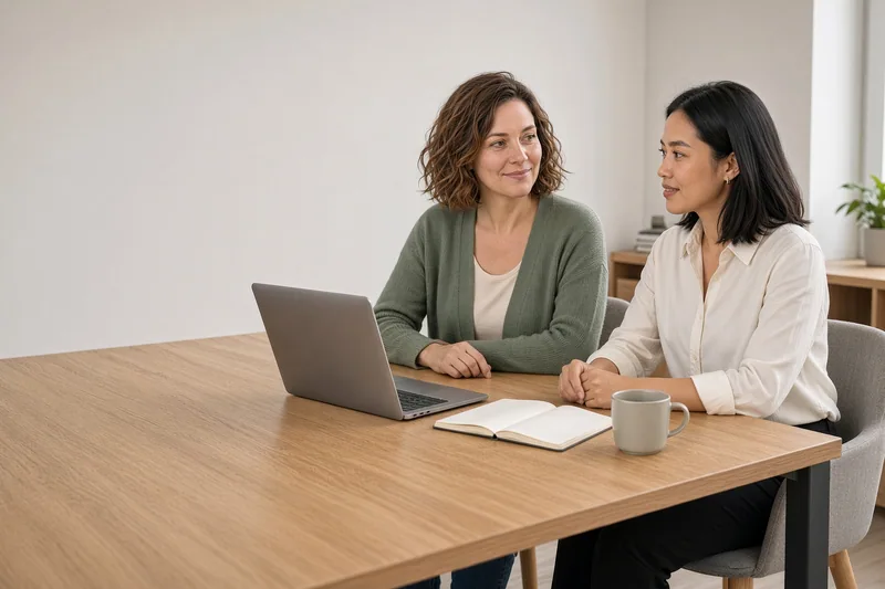 A new colleague and her manager talking at a prepared desk