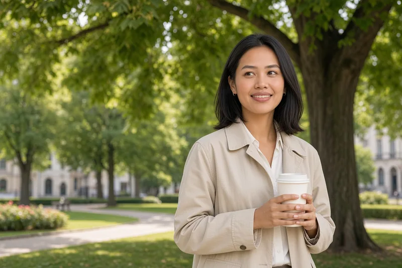 A woman enjoying a coffee in a leafy city park