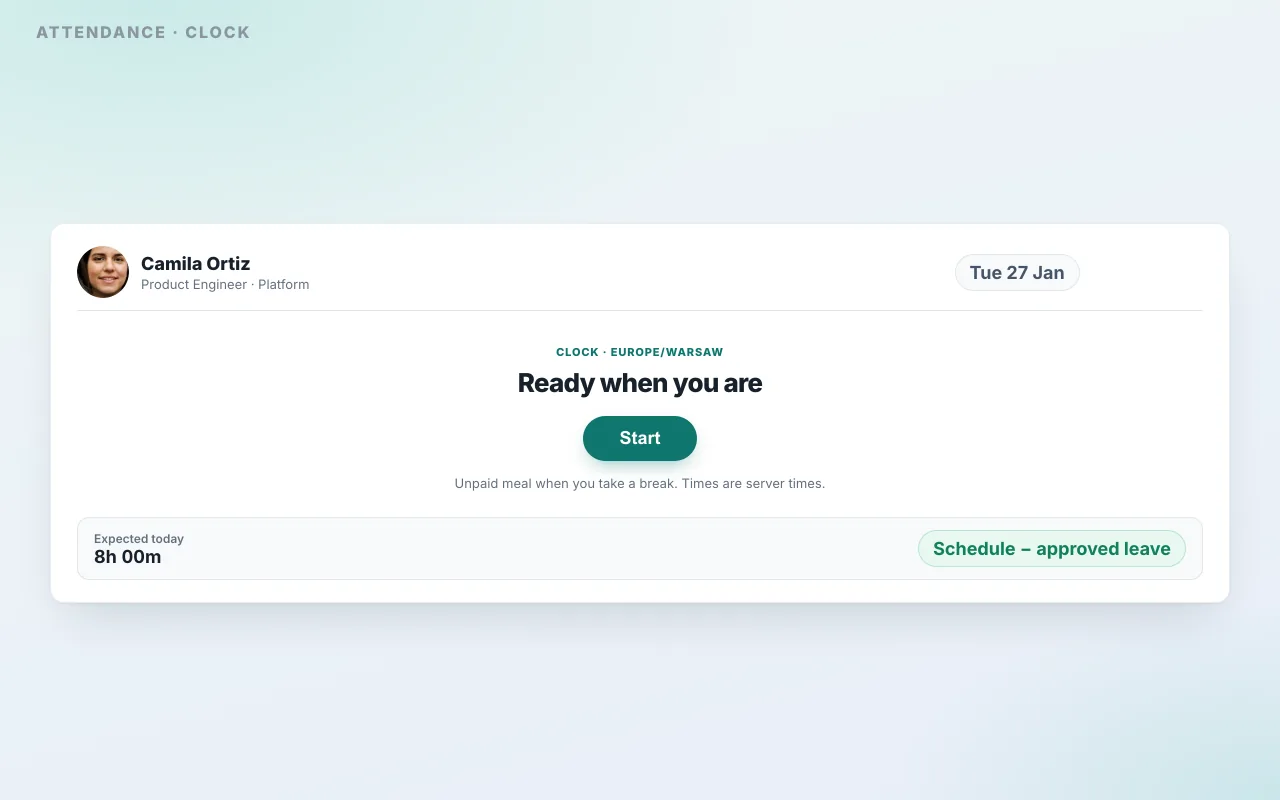 Kehadiran live SquadBear - bekerja, istirahat, dan tidak masuk, tanpa GPS
