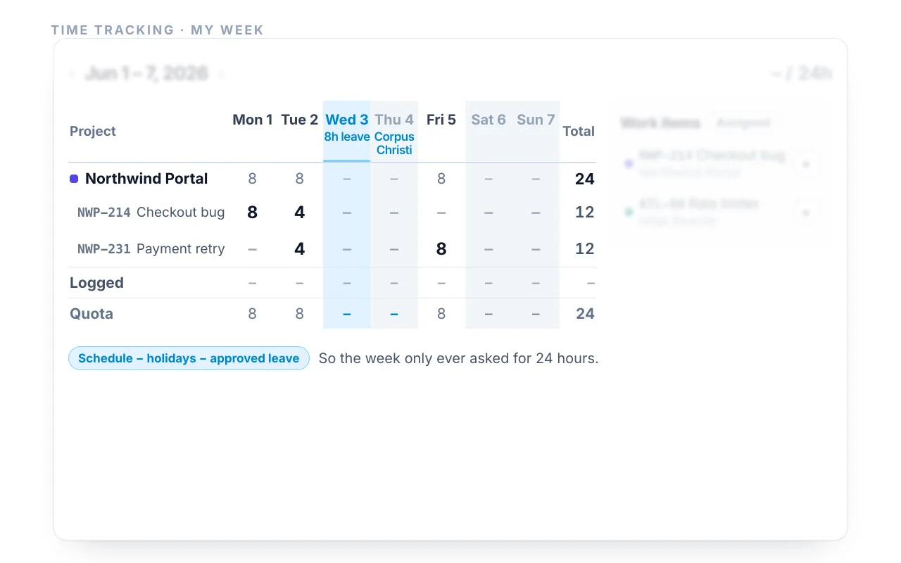 SquadBear time tracking timesheet — weekly hours leave-aware of PTO and public holidays